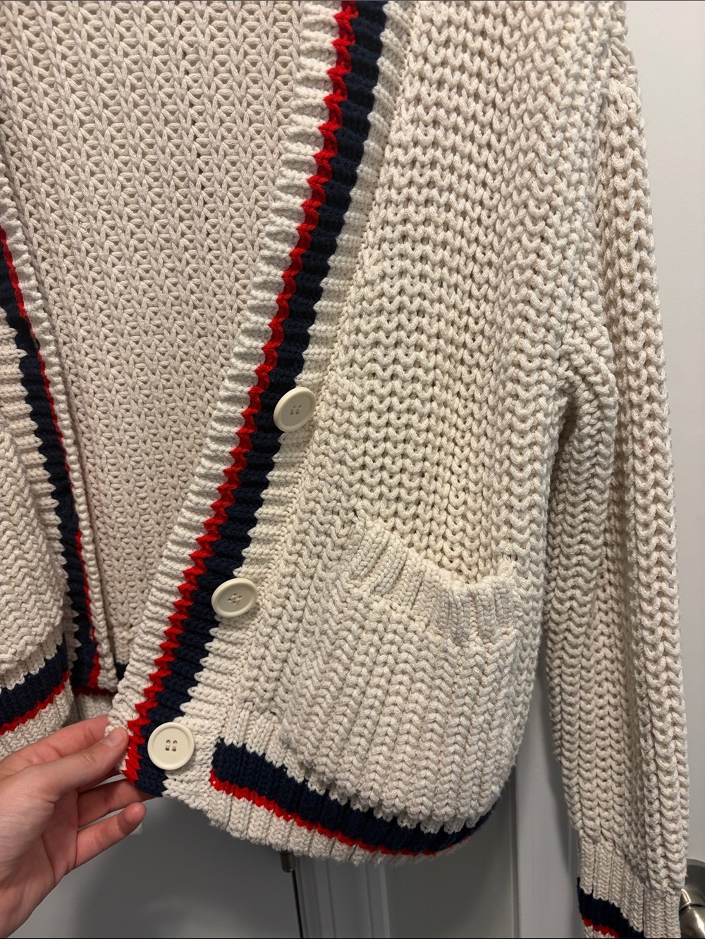 Zara Cream Knit Cardigan with Red & Navy Stripe Trim - Picture 2 of 4